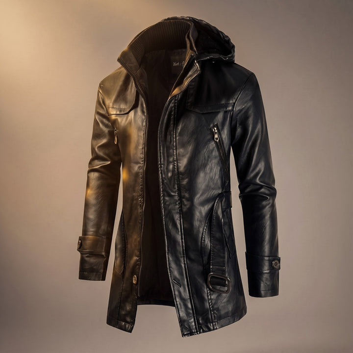 Faux Leather Jacket Mens Hooded Longline Fleece Lined Belted Waist Zip Pockets Stand Collar - image 5