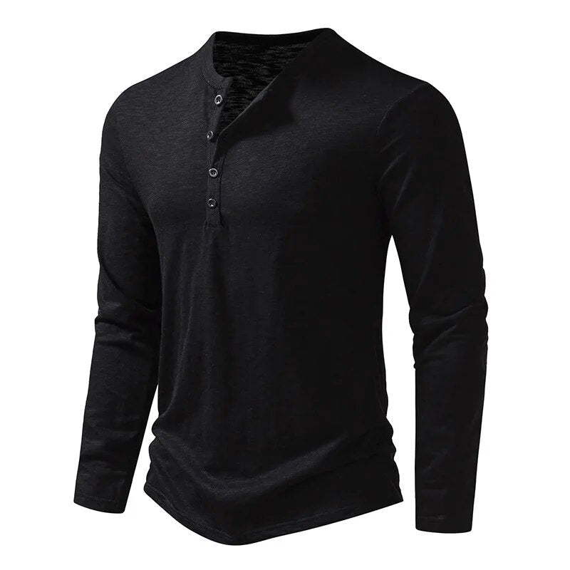 Henley Top Mens Long Sleeve Four Button Placket Slub Jersey Slim Fit Curved Hem - image 2