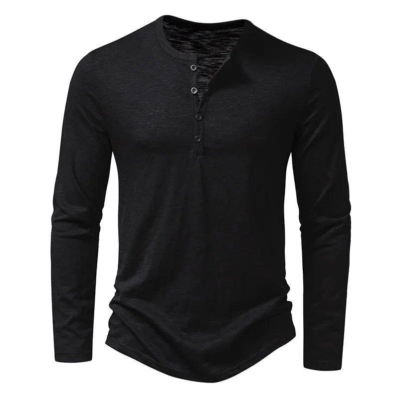 Henley Top Mens Long Sleeve Four Button Placket Slub Jersey Slim Fit Curved Hem - image 1