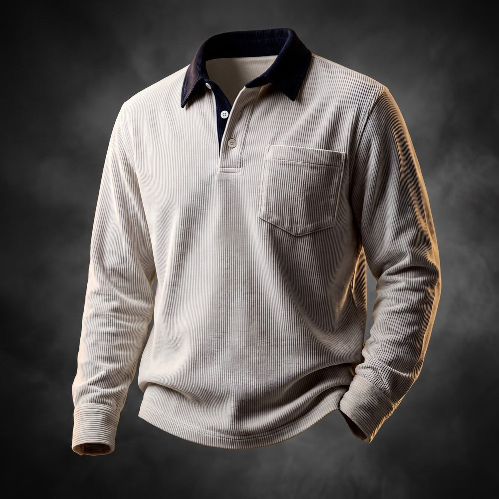 Long Sleeve Polo Shirt Mens Ribbed Texture Contrast Collar Chest Pocket Relaxed Fit - image 2