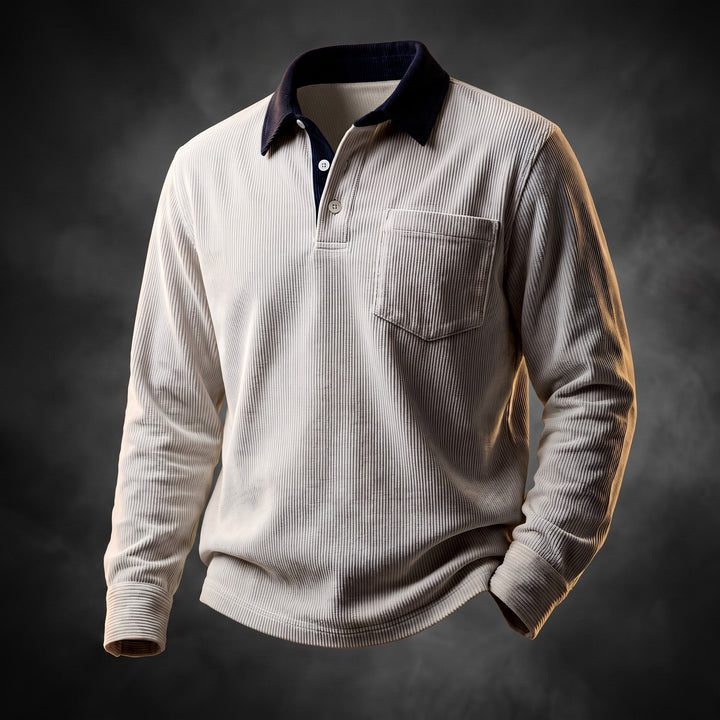 Long Sleeve Polo Shirt Mens Ribbed Texture Contrast Collar Chest Pocket Relaxed Fit - image 2