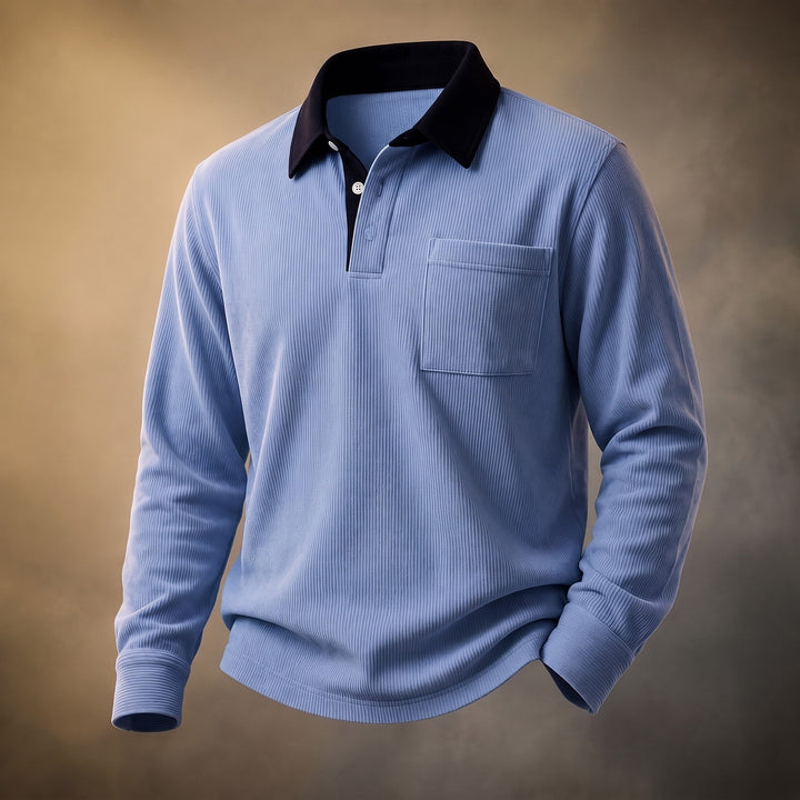 Long Sleeve Polo Shirt Mens Ribbed Texture Contrast Collar Chest Pocket Relaxed Fit - image 3