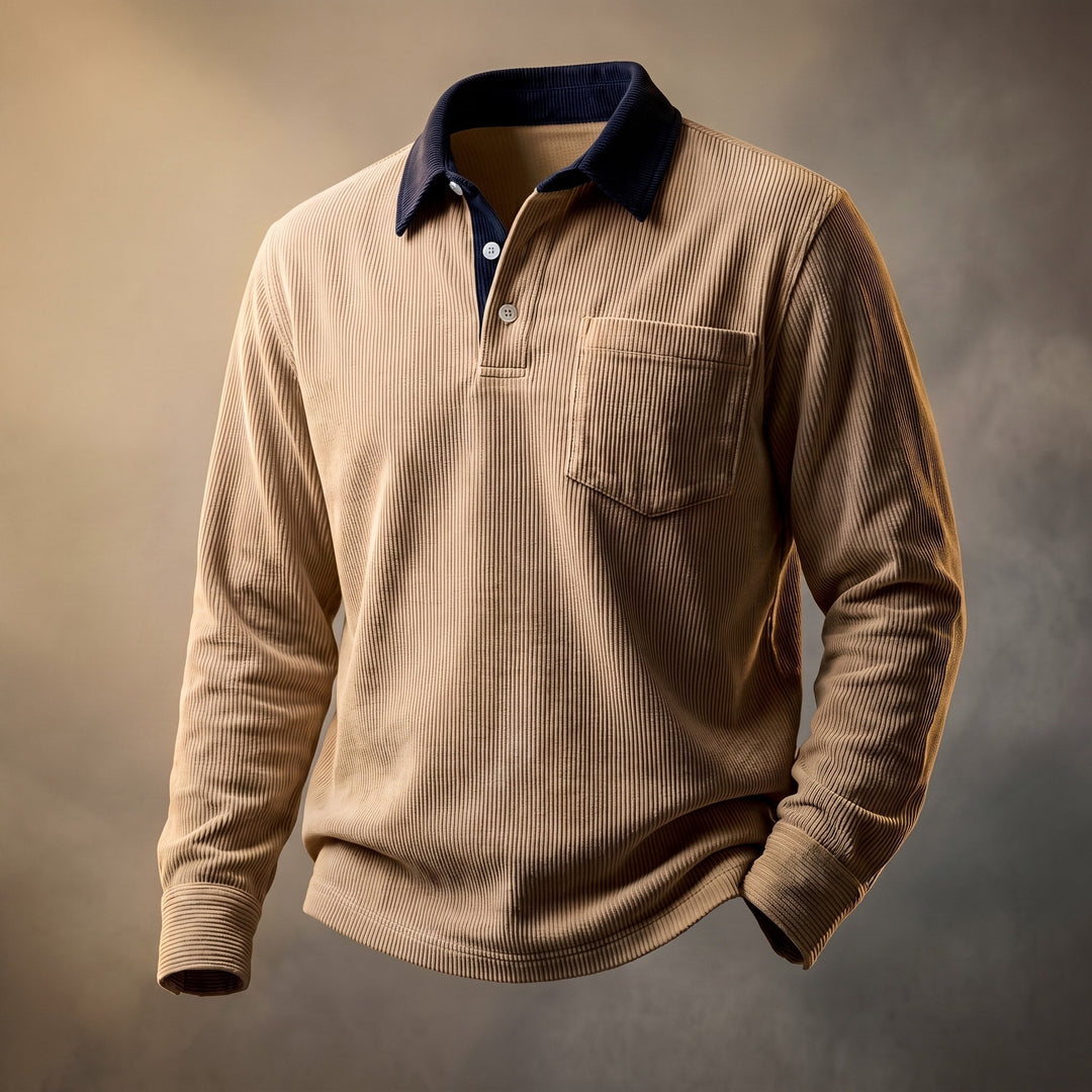 Long Sleeve Polo Shirt Mens Ribbed Texture Contrast Collar Chest Pocket Relaxed Fit - image 6