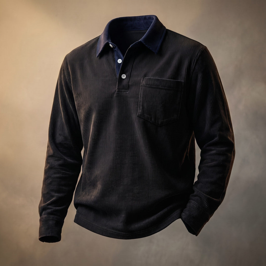 Long Sleeve Polo Shirt Mens Ribbed Texture Contrast Collar Chest Pocket Relaxed Fit - image 1