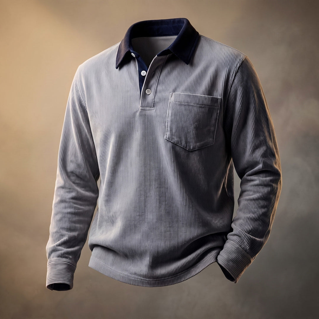 Long Sleeve Polo Shirt Mens Ribbed Texture Contrast Collar Chest Pocket Relaxed Fit - image 5