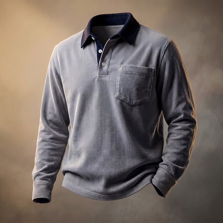 Long Sleeve Polo Shirt Mens Ribbed Texture Contrast Collar Chest Pocket Relaxed Fit - image 5