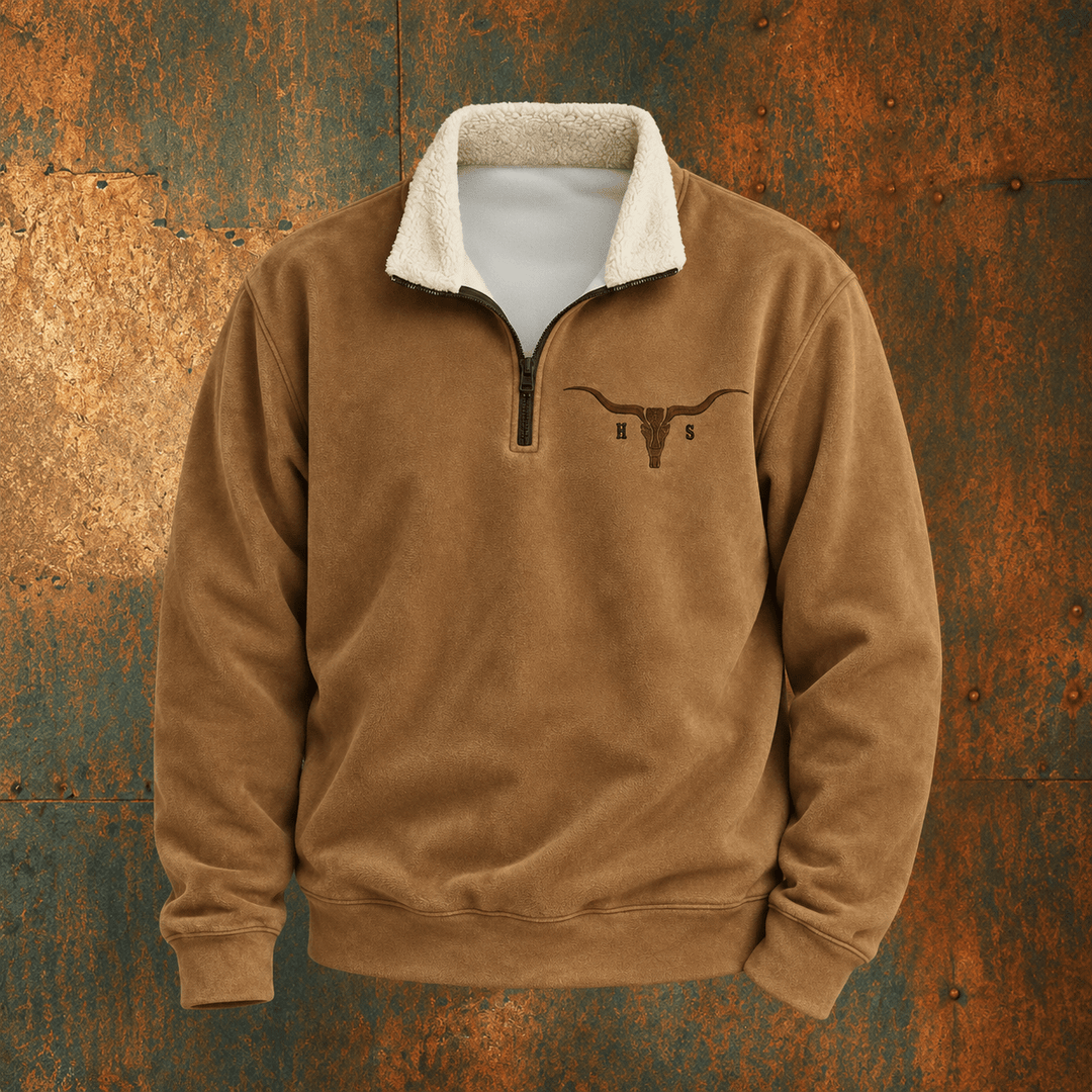 Quarter Zip Fleece Pullover Mens Western Sherpa Collar Relaxed Fit Longhorn Graphic - image 1