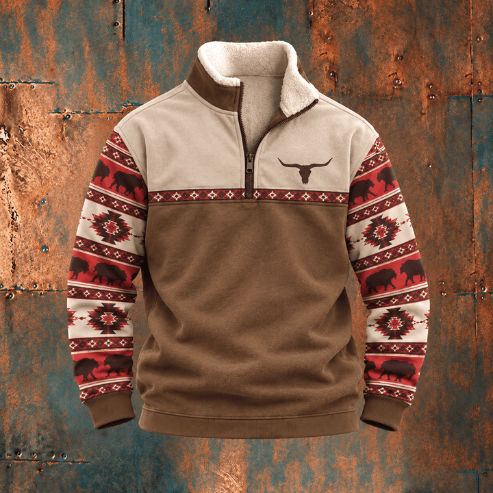 Quarter Zip Fleece Pullover Mens Western Sherpa Collar Relaxed Fit Longhorn Graphic - image 4