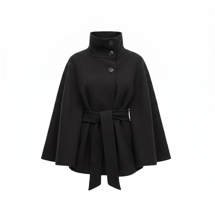 Cape Coat Womens Belted High Neck Button Collar Batwing Sleeve Wrap Front - image 6