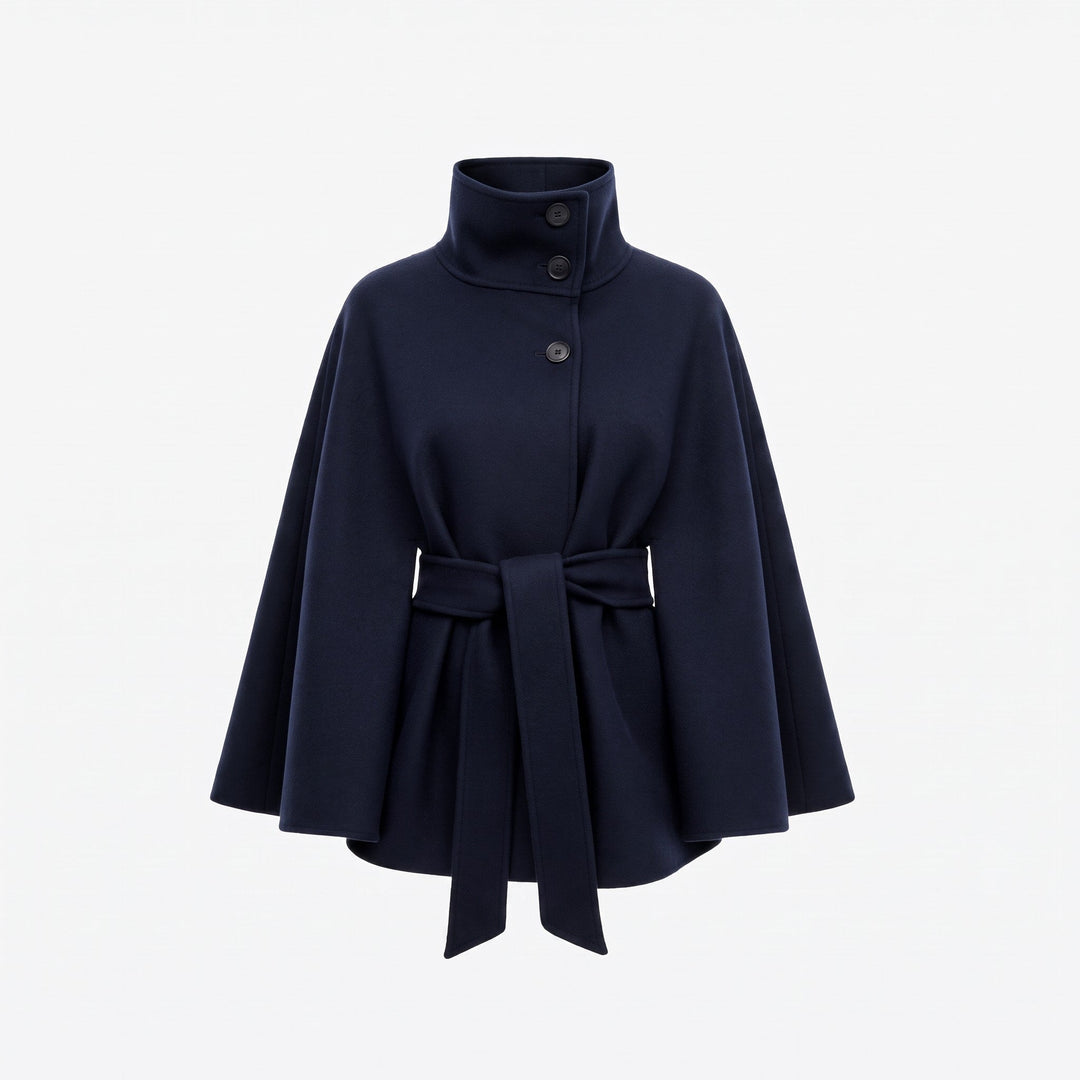 Cape Coat Womens Belted High Neck Button Collar Batwing Sleeve Wrap Front - image 8