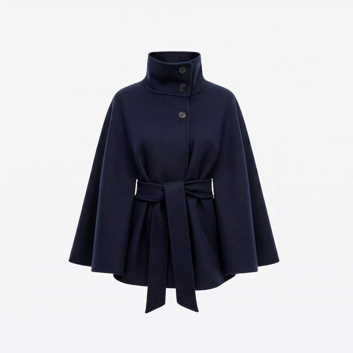 Cape Coat Womens Belted High Neck Button Collar Batwing Sleeve Wrap Front - image 8
