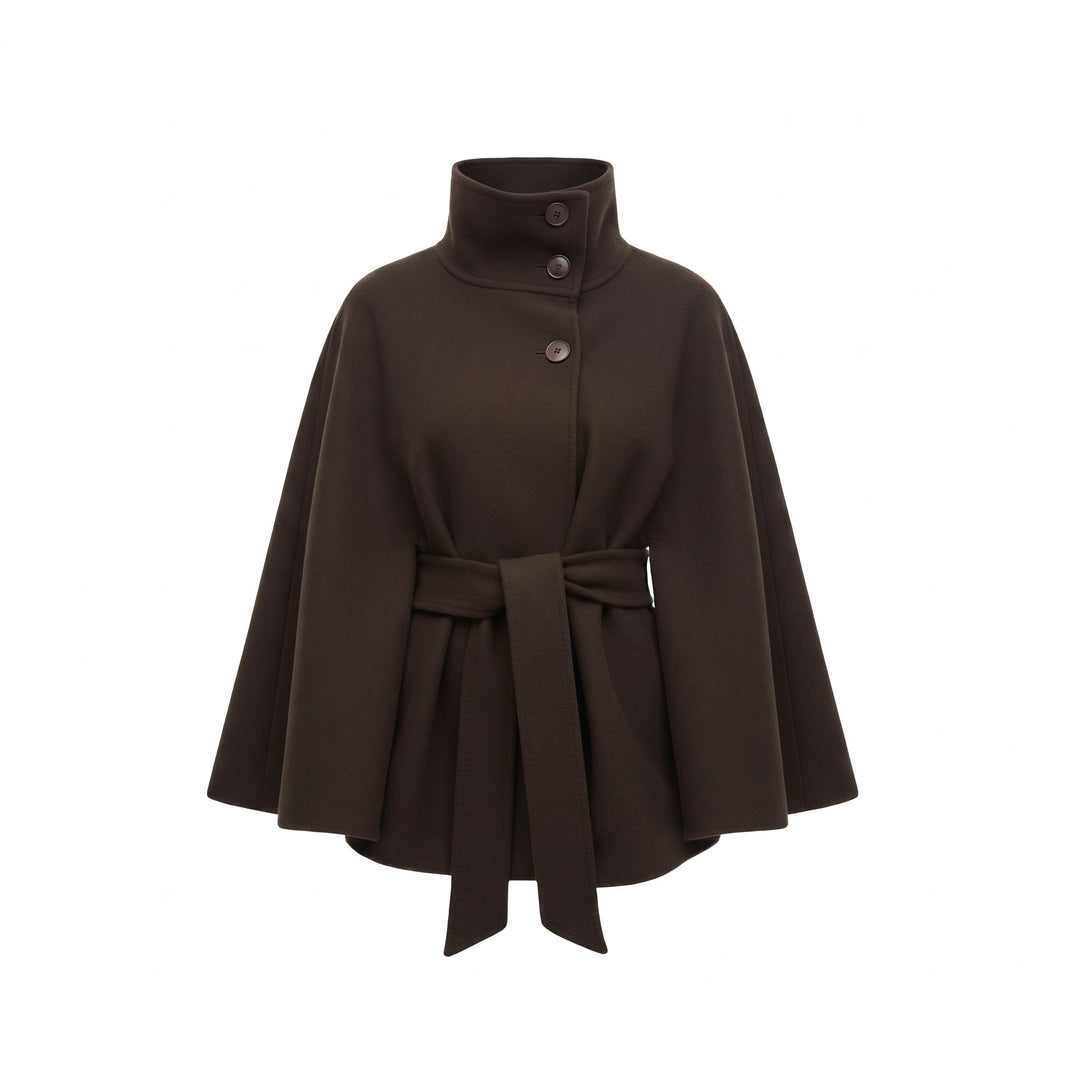 Cape Coat Womens Belted High Neck Button Collar Batwing Sleeve Wrap Front - image 1