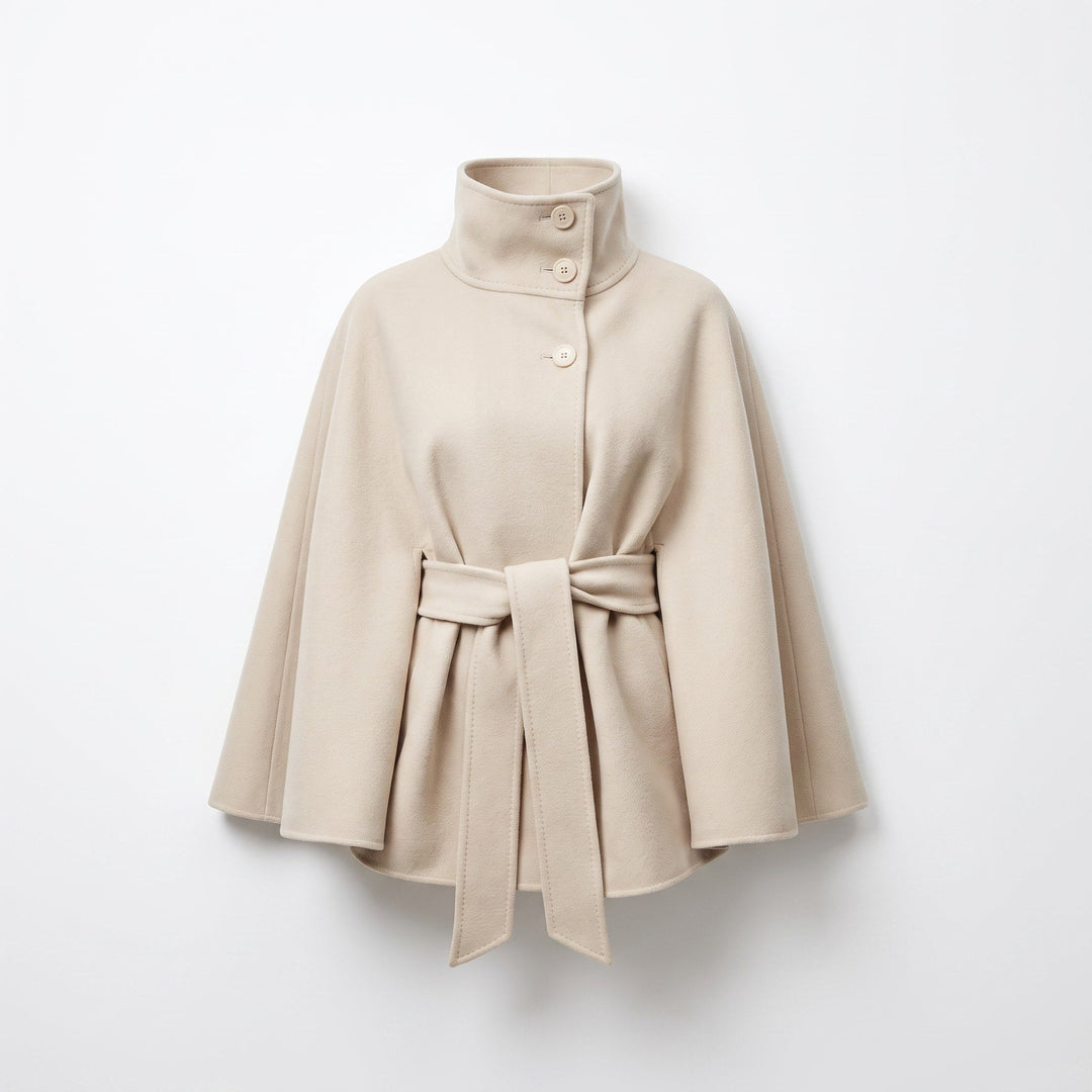 Cape Coat Womens Belted High Neck Button Collar Batwing Sleeve Wrap Front - image 7