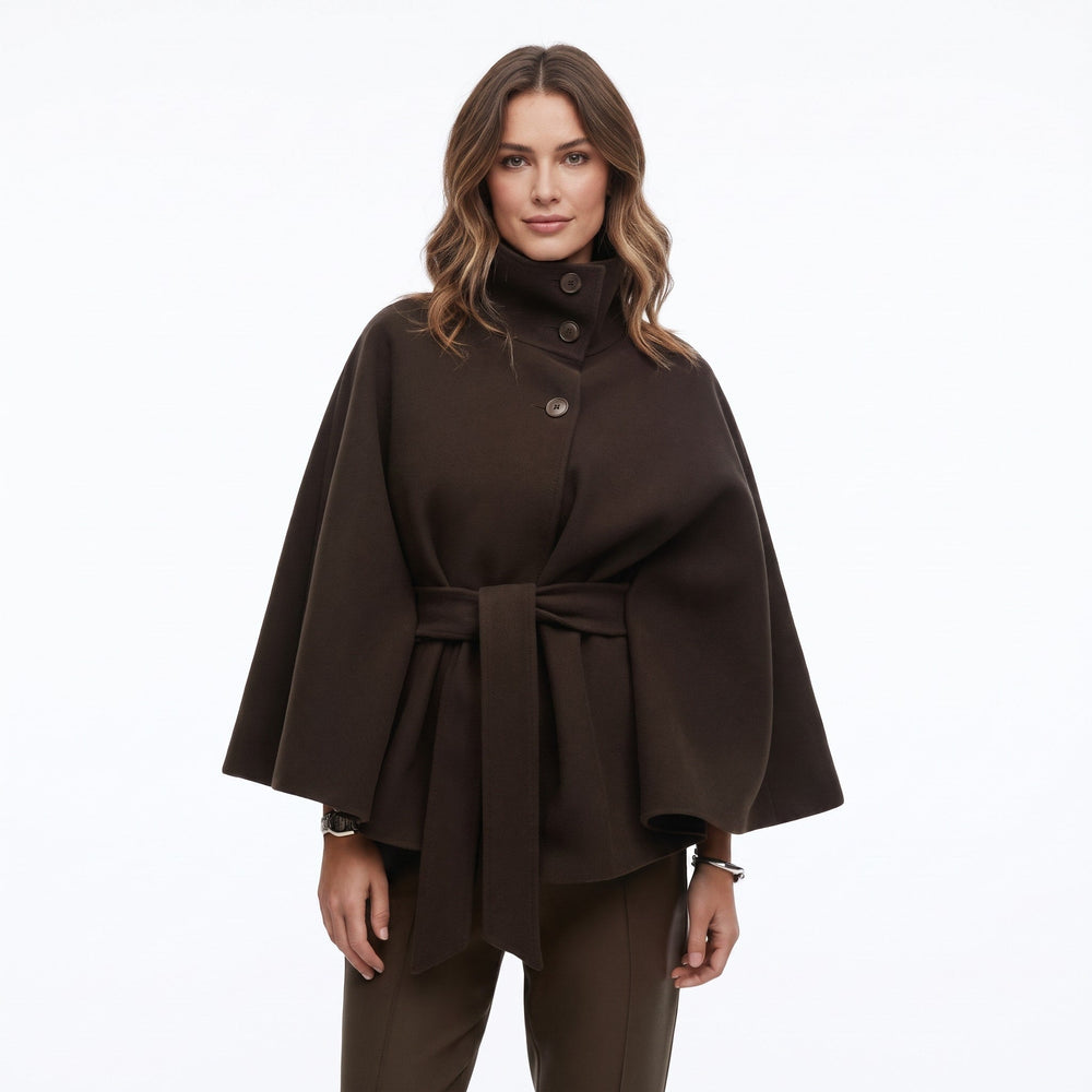 Cape Coat Womens Belted High Neck Button Collar Batwing Sleeve Wrap Front - image 2