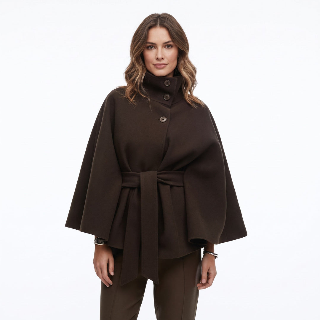 Cape Coat Womens Belted High Neck Button Collar Batwing Sleeve Wrap Front - image 2