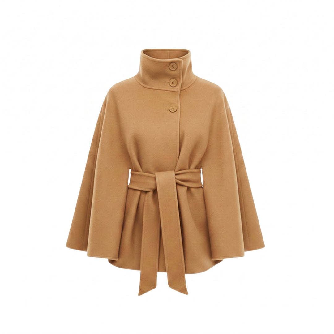 Cape Coat Womens Belted High Neck Button Collar Batwing Sleeve Wrap Front - image 9