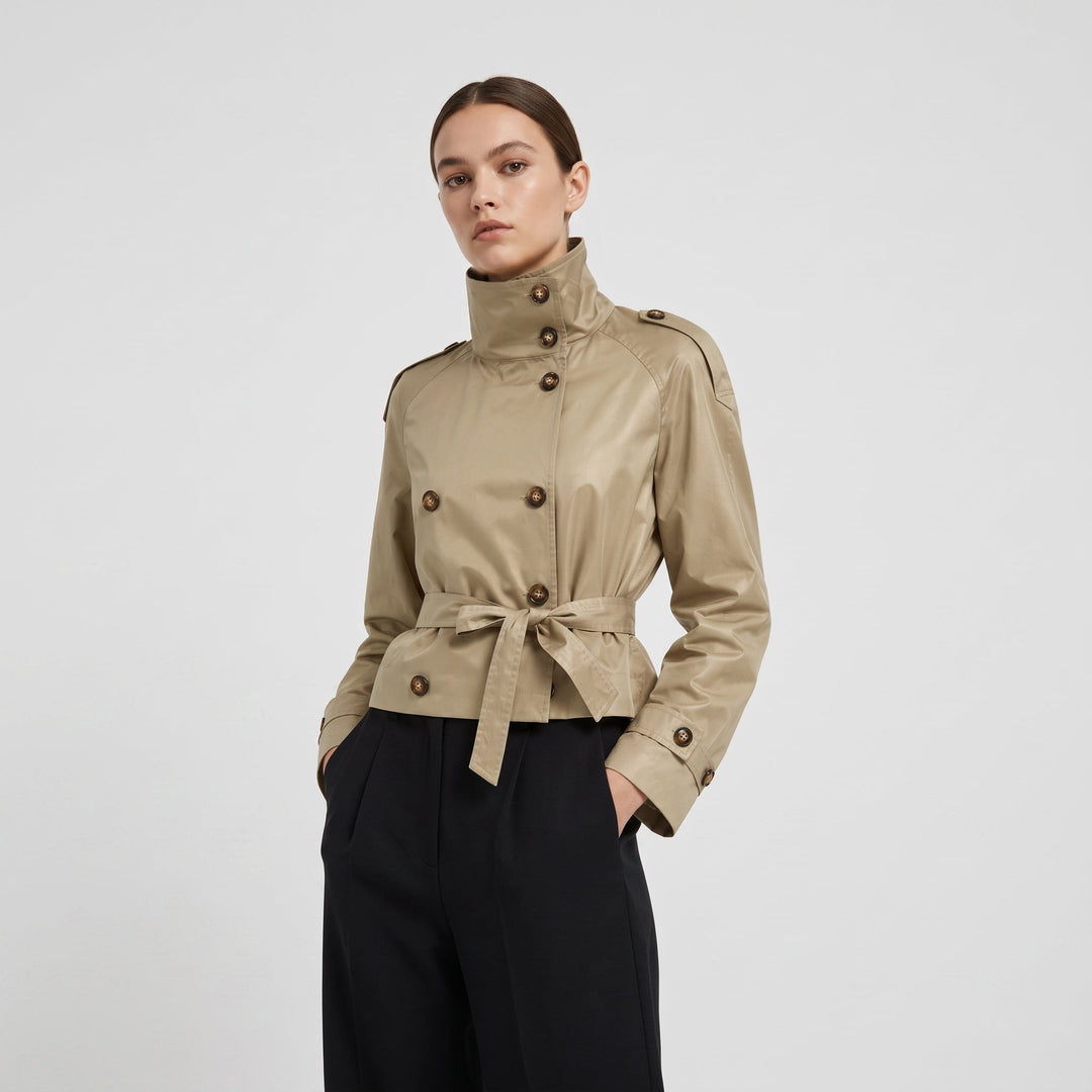 Cropped Trench Jacket Womens Double Breasted Stand Collar Raglan Sleeve Epaulettes - image 2