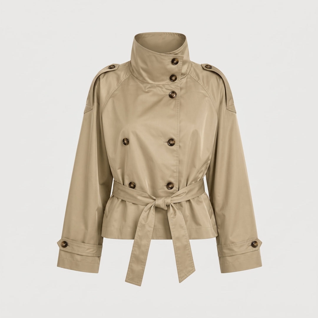 Cropped Trench Jacket Womens Double Breasted Stand Collar Raglan Sleeve Epaulettes - image 1