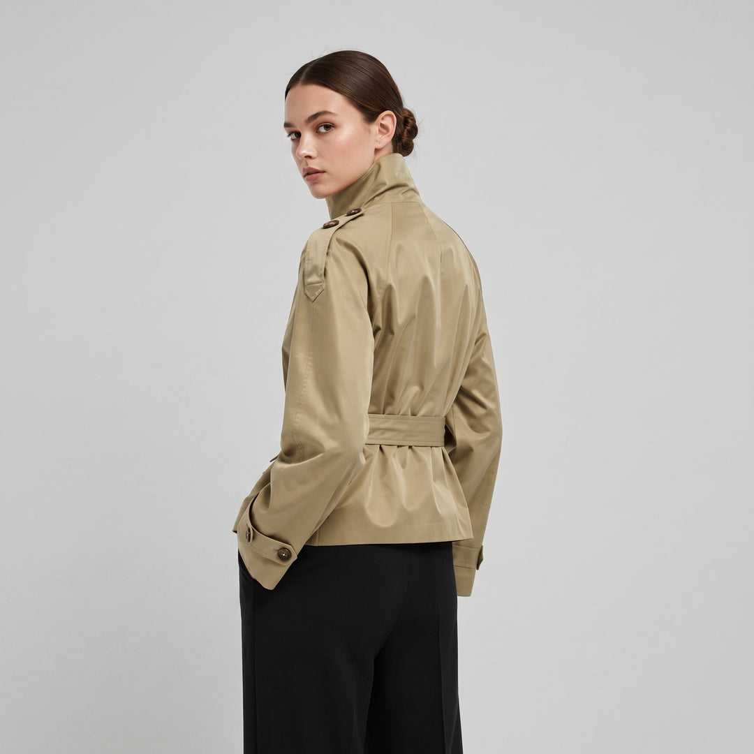 Cropped Trench Jacket Womens Double Breasted Stand Collar Raglan Sleeve Epaulettes - image 3