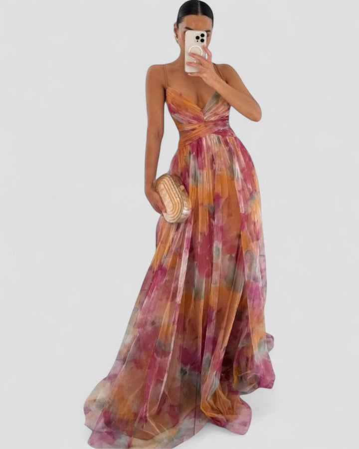 Floral Chiffon Maxi Dress Womens Spaghetti Strap Cut Out Waist - image 1