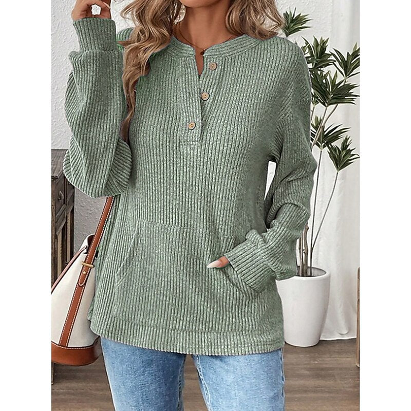Ribbed Top Womens Henley Button Placket Pouch Pocket Long Sleeve Relaxed Fit - image 8