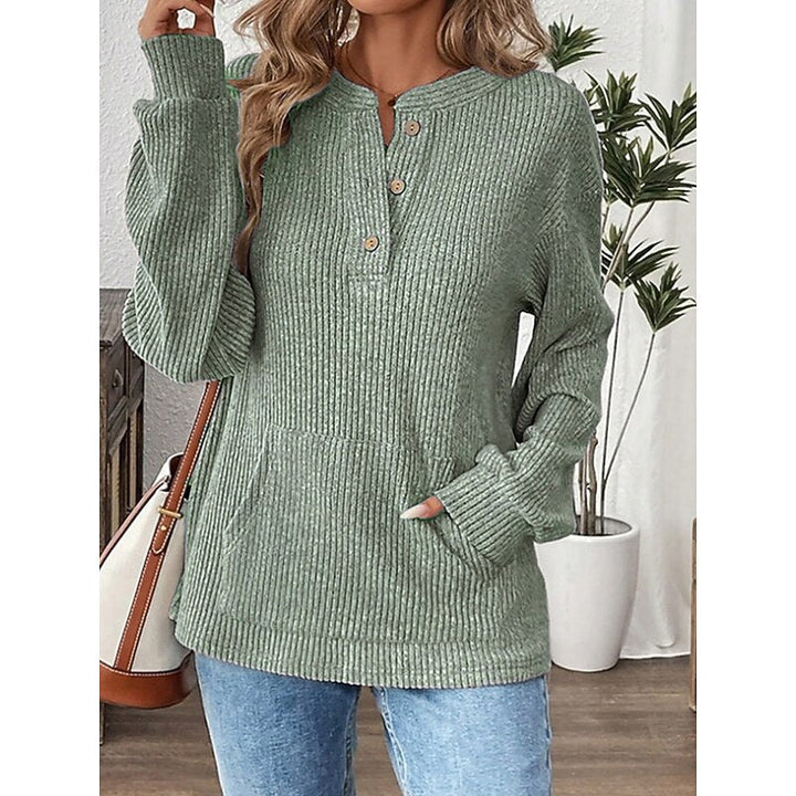 Ribbed Top Womens Henley Button Placket Pouch Pocket Long Sleeve Relaxed Fit - image 8