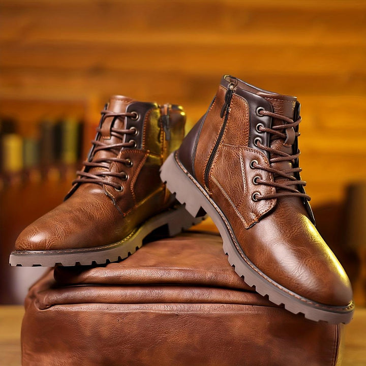 Ankle Boots Mens Lace Up Side Zip Leather Look Two Tone Lug Sole - image 3