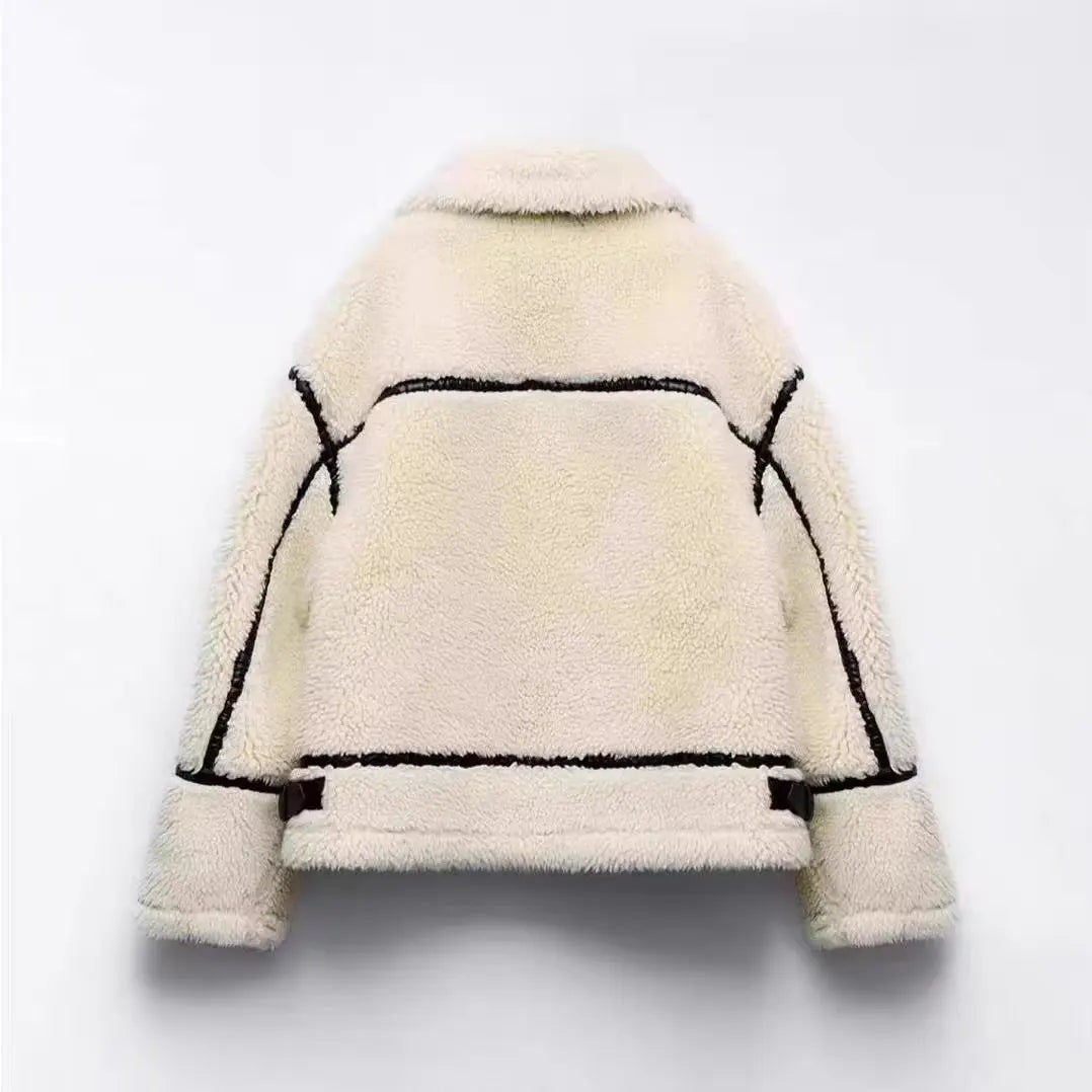 Teddy Jacket Womens Contrast Trim Zip Front Collared Oversized - image 3