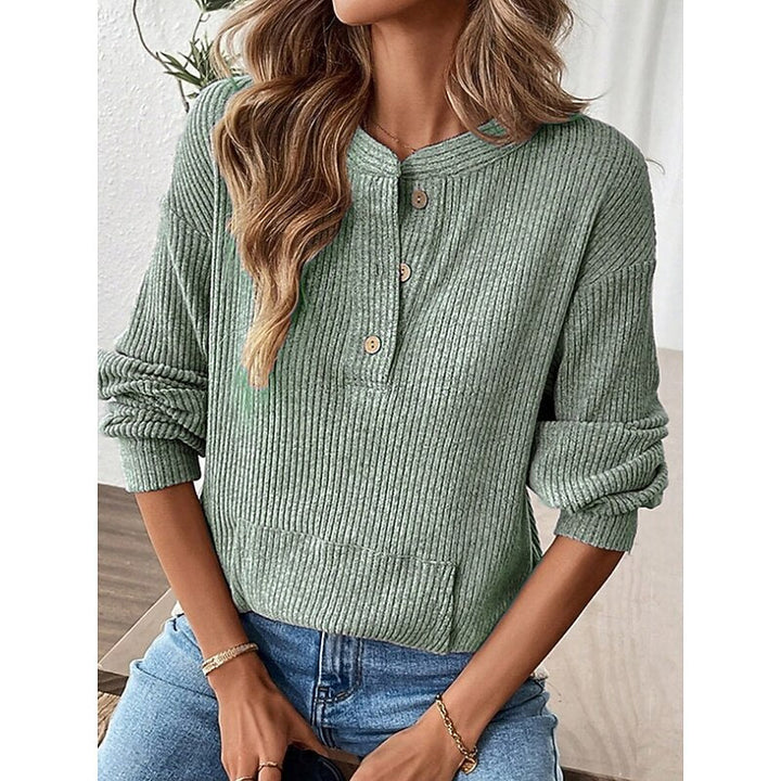 Ribbed Top Womens Henley Button Placket Pouch Pocket Long Sleeve Relaxed Fit - image 3