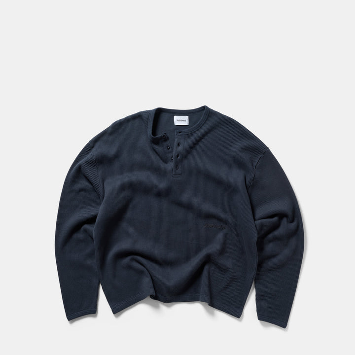 Waffle Henley Top Mens Long Sleeve Oversized Boxy Fit Dropped Shoulder - image 1
