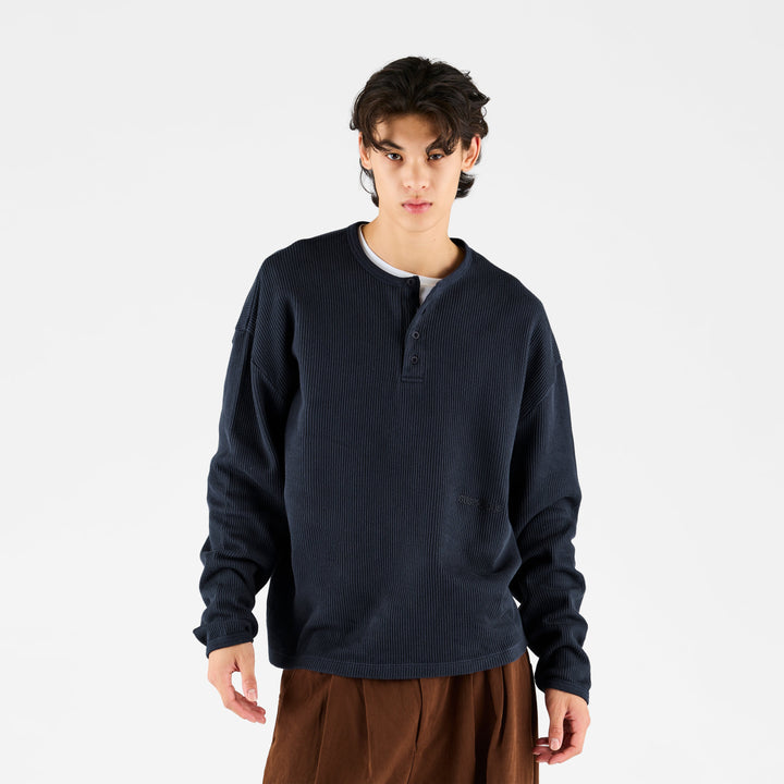 Waffle Henley Top Mens Long Sleeve Oversized Boxy Fit Dropped Shoulder - image 2