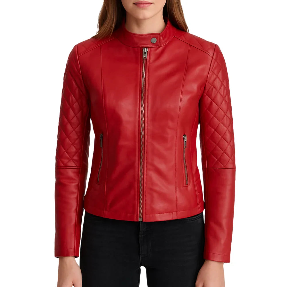 Leather Jacket Womens Quilted Cafe Racer Snap Collar Zip Front - image 2