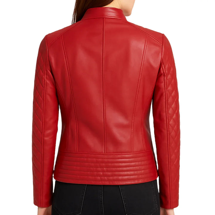 Leather Jacket Womens Quilted Cafe Racer Snap Collar Zip Front - image 3