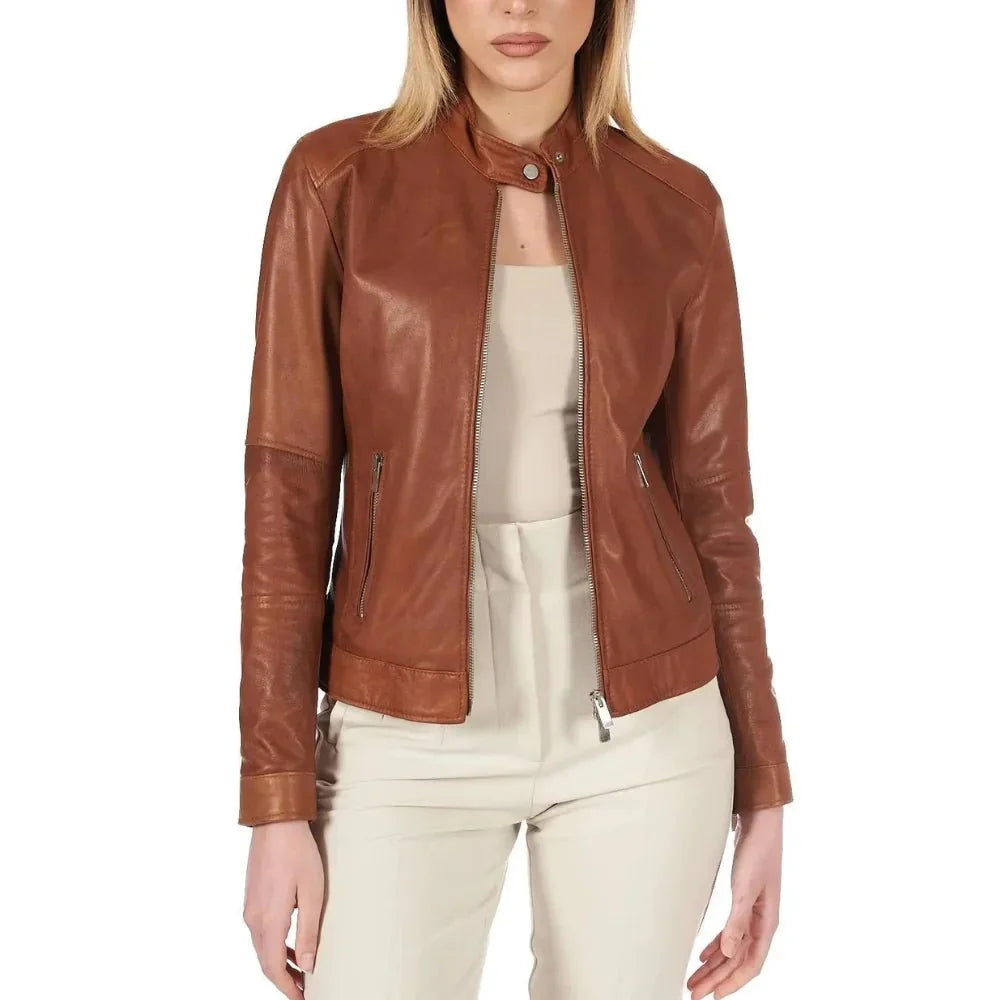 Leather Jacket Womens Cafe Racer Snap Tab Collar Zip Cuffs - image 1