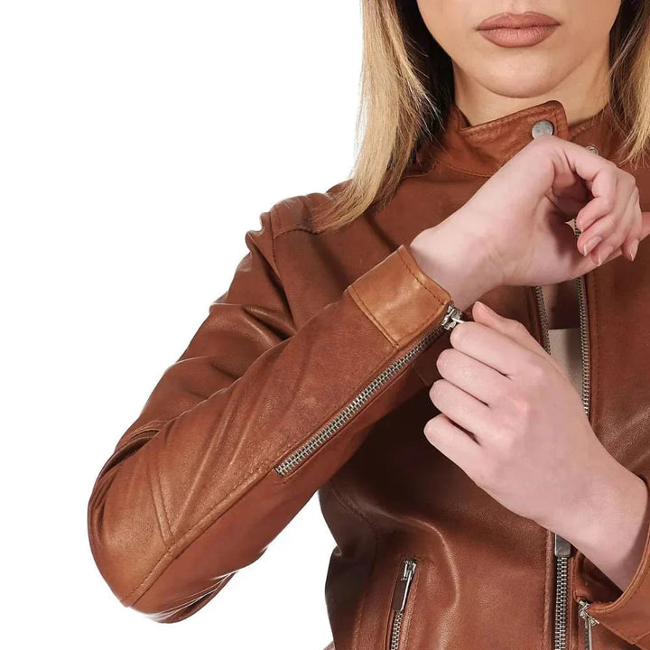 Leather Jacket Womens Cafe Racer Snap Tab Collar Zip Cuffs - image 4