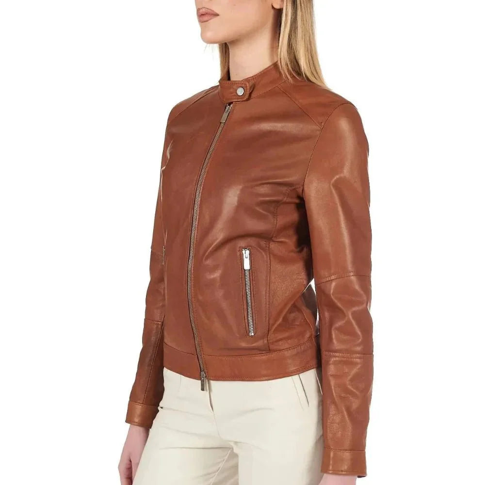 Leather Jacket Womens Cafe Racer Snap Tab Collar Zip Cuffs - image 2