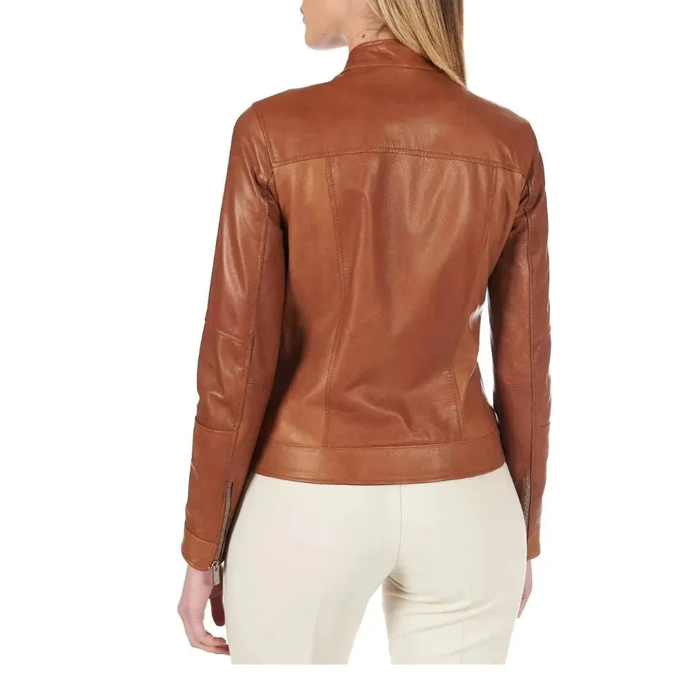 Leather Jacket Womens Cafe Racer Snap Tab Collar Zip Cuffs - image 3