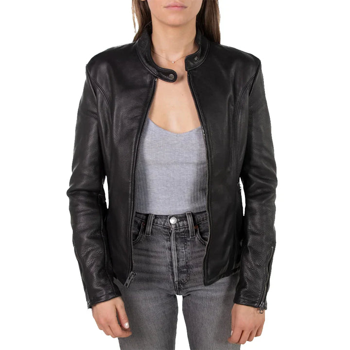 Leather Jacket Womens Cowhide Zip Up Front Snap Button Collar - image 1