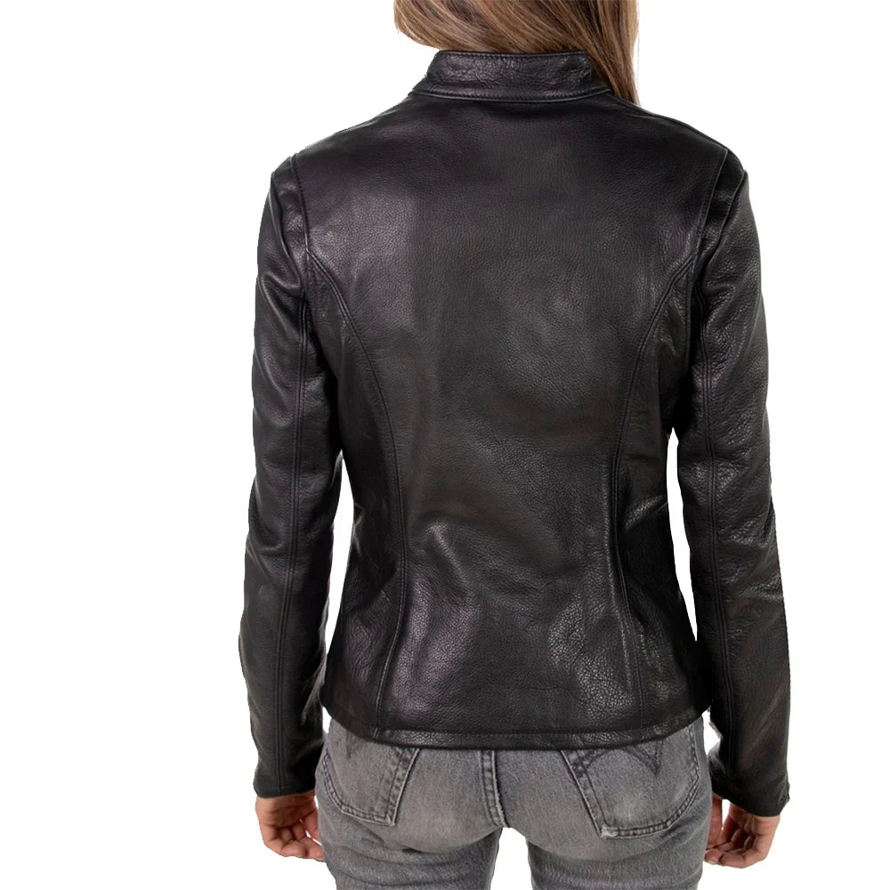 Leather Jacket Womens Cowhide Zip Up Front Snap Button Collar - image 2