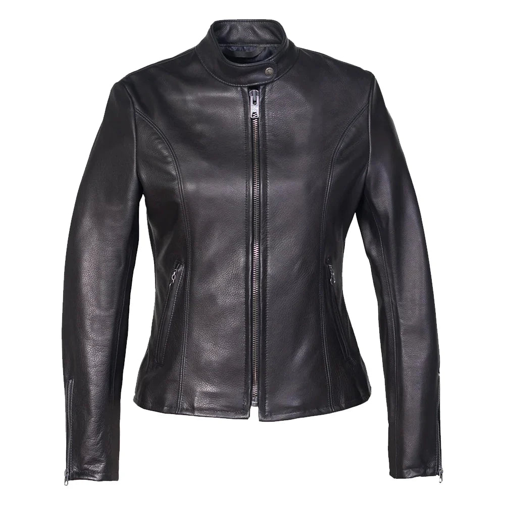 Leather Jacket Womens Cowhide Zip Up Front Snap Button Collar - image 3
