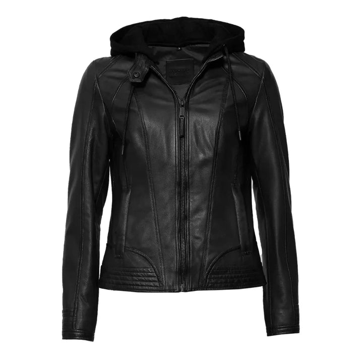 Leather Moto Jacket Womens Detachable Hood Drawstring Zip Pockets - image 1