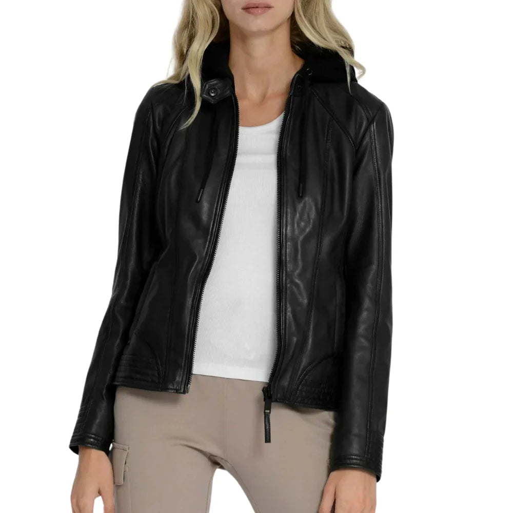 Leather Moto Jacket Womens Detachable Hood Drawstring Zip Pockets - image 2