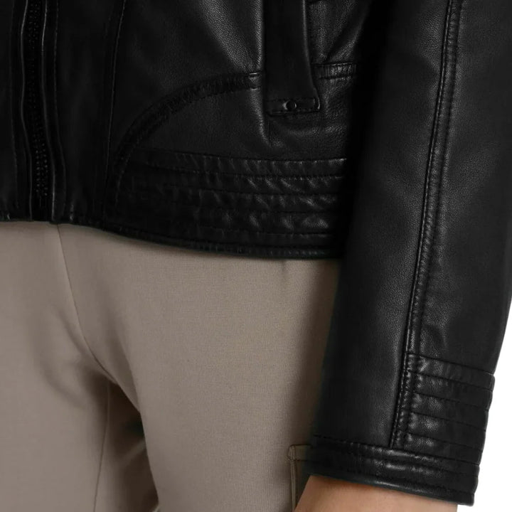Leather Moto Jacket Womens Detachable Hood Drawstring Zip Pockets - image 4