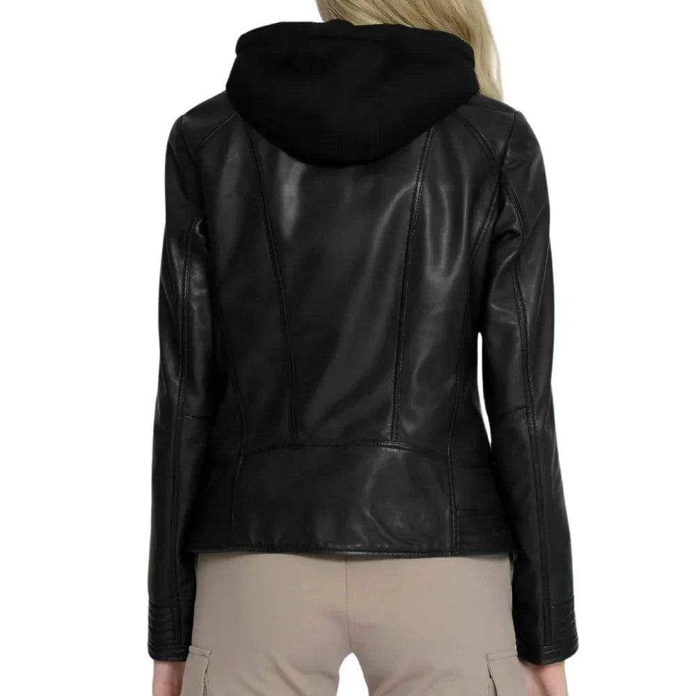Leather Moto Jacket Womens Detachable Hood Drawstring Zip Pockets - image 3