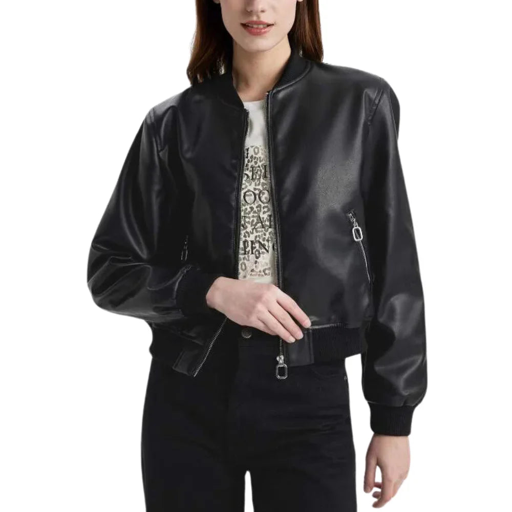 Leather Bomber Jacket Womens Ribbed Collar Cuffs Zip Front - image 1