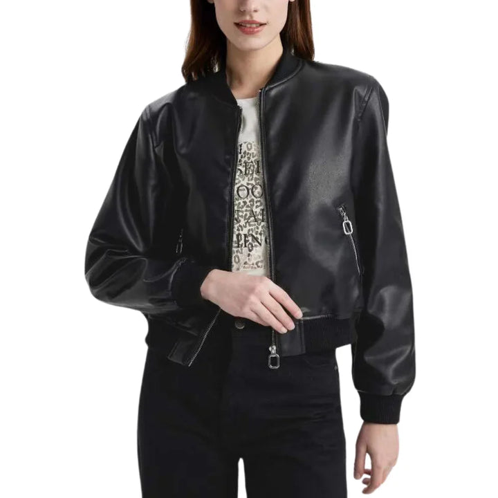 Leather Bomber Jacket Womens Ribbed Collar Cuffs Zip Front - image 1