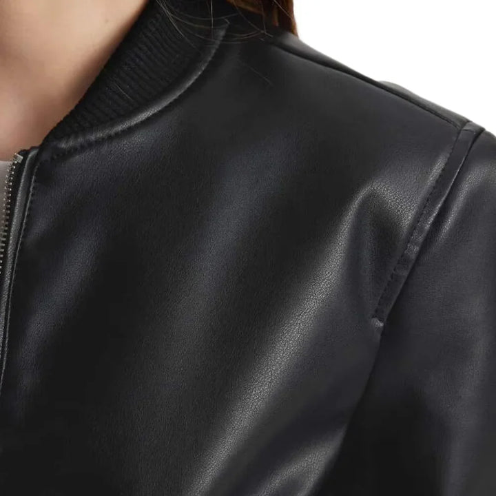 Leather Bomber Jacket Womens Ribbed Collar Cuffs Zip Front - image 3