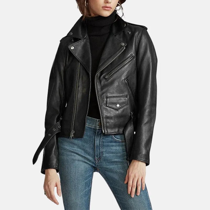 Leather Jacket Womens Biker Zip Front Turn Down Collar - image 1