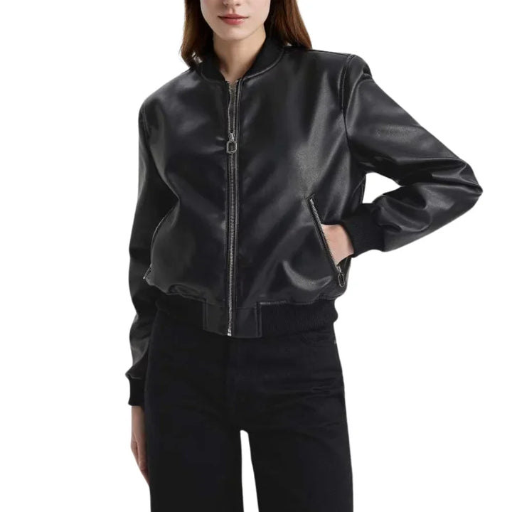 Leather Bomber Jacket Womens Ribbed Collar Cuffs Zip Front - image 2