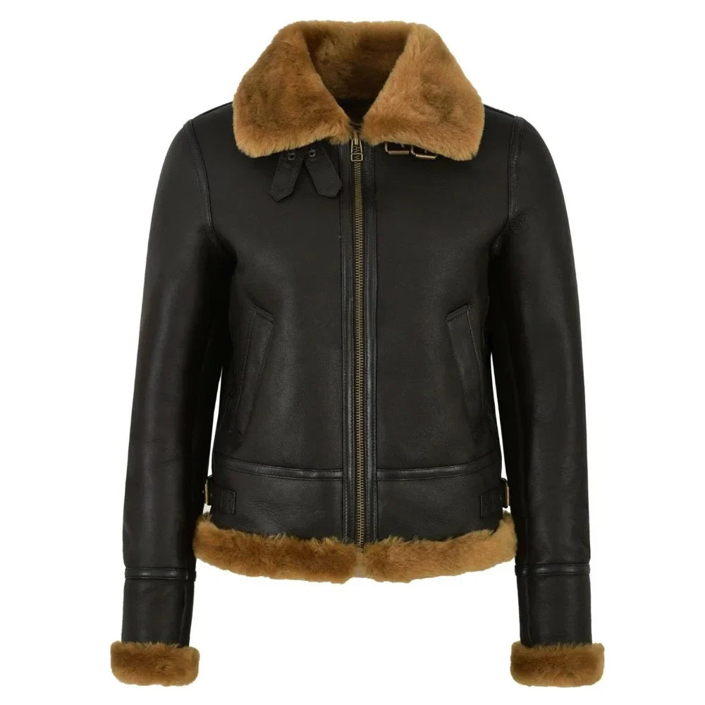 Leather Aviator Jacket Womens B3 Bomber Shearling Collar Cuffs - image 1